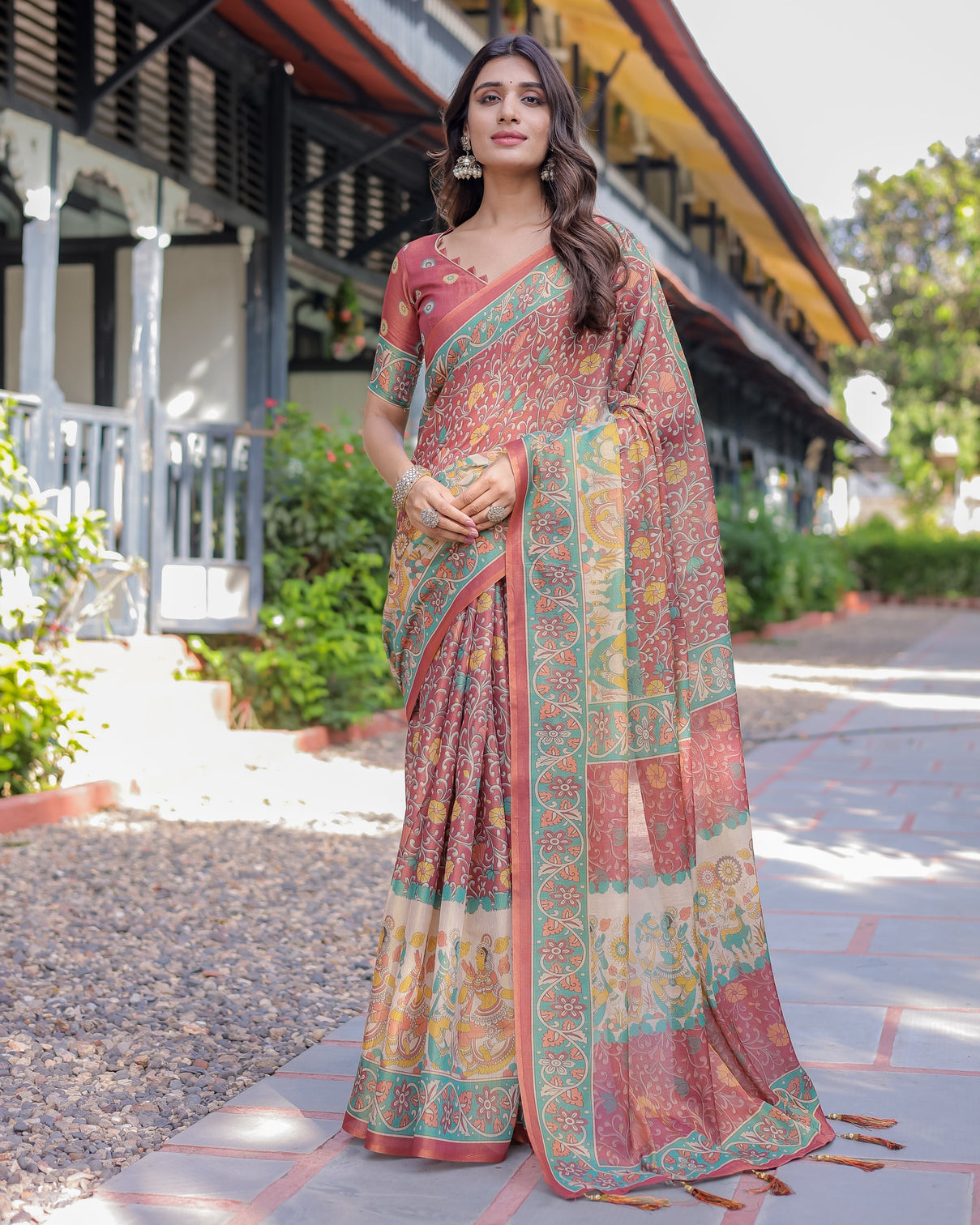 Rust maroon handloom cotton saree with folk procession pallu floral vine print
