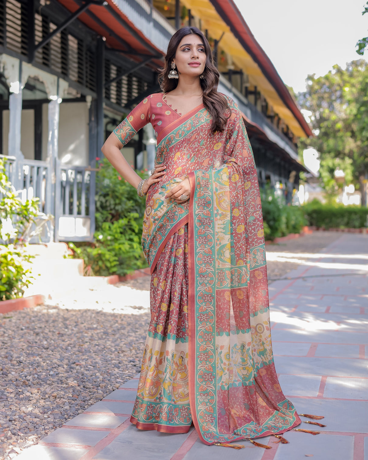 Rust maroon handloom cotton saree with folk procession pallu floral vine print