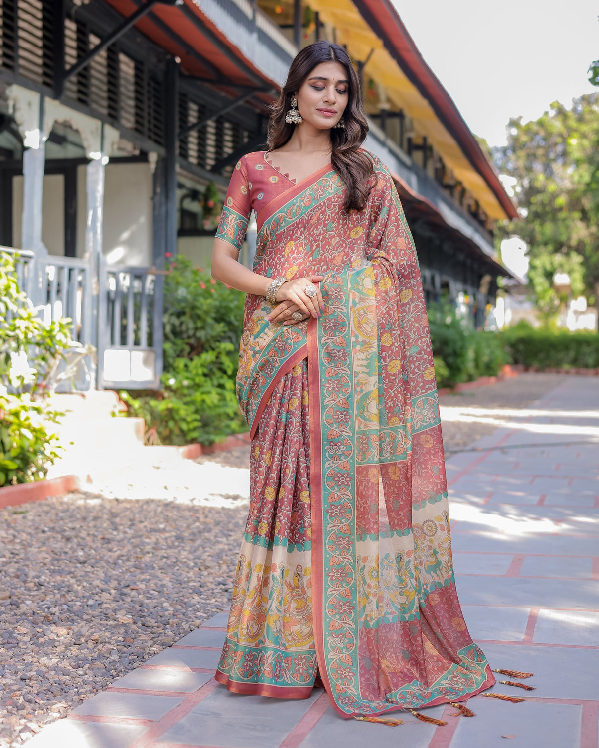 Rust maroon handloom cotton saree with folk procession pallu floral vine print