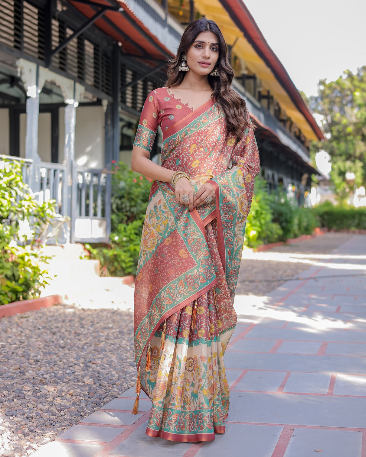 Rust maroon handloom cotton saree with folk procession pallu floral vine print mameraa