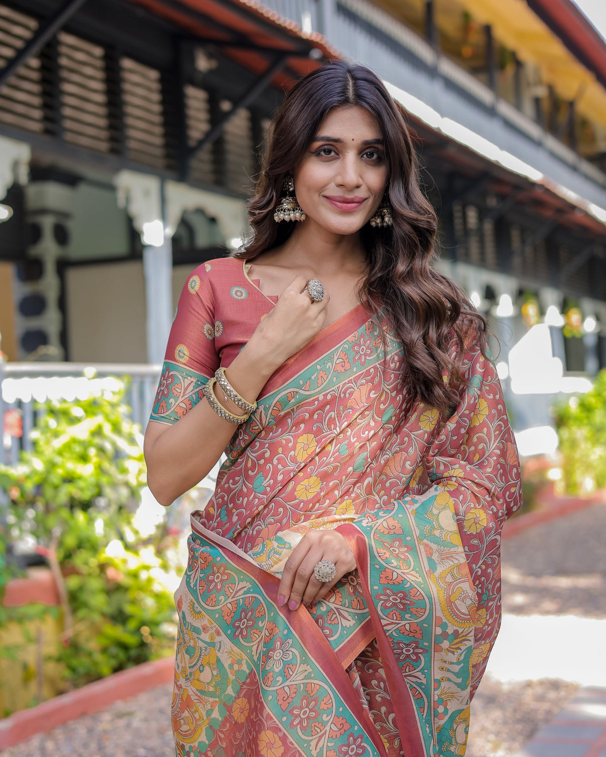 Rust maroon handloom cotton saree with folk procession pallu floral vine print