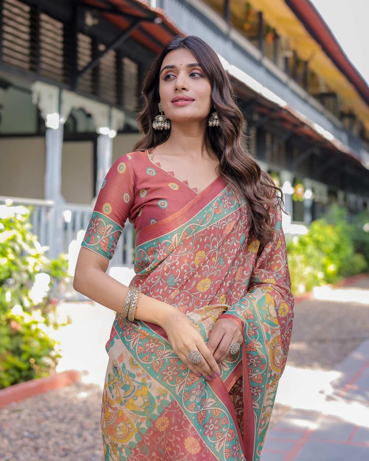 Rust maroon handloom cotton saree with folk procession pallu floral vine print