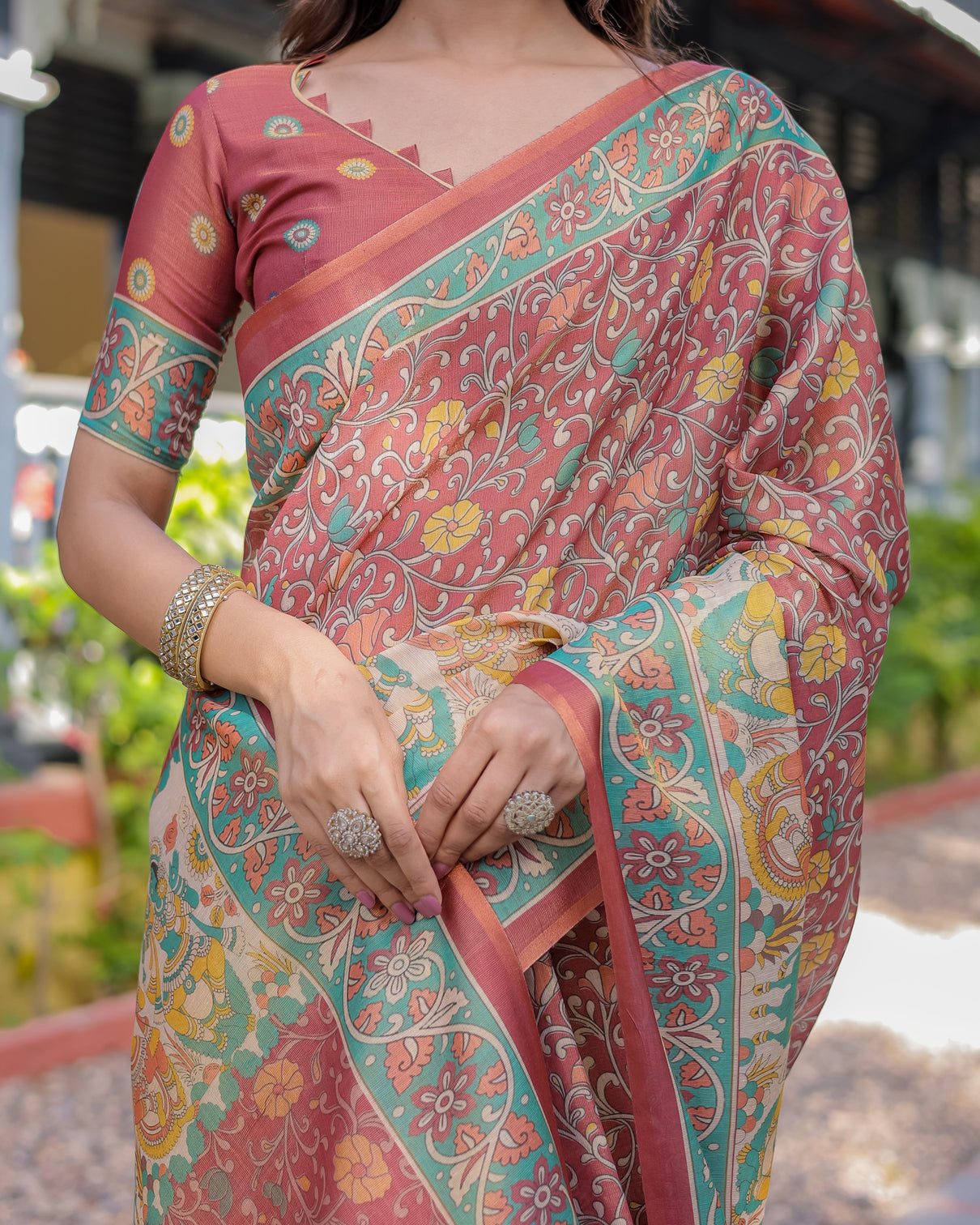 Rust maroon handloom cotton saree with folk procession pallu floral vine print