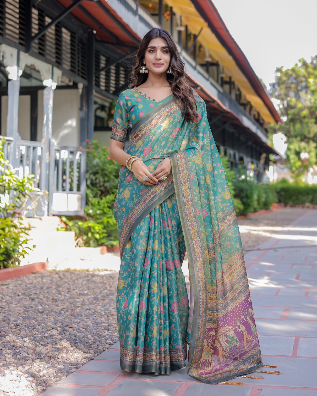 Sea green handloom cotton saree with multicolor floral royal procession pallu mameraa