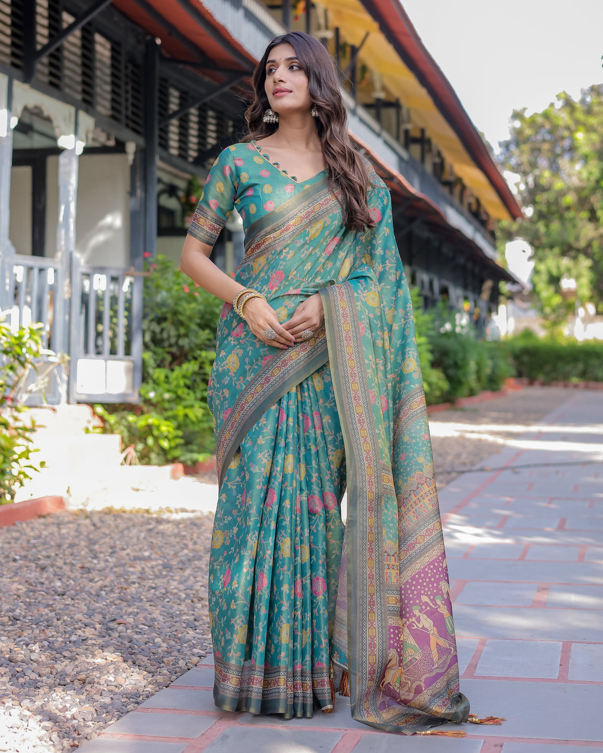 Sea green handloom cotton saree with multicolor floral royal procession pallu