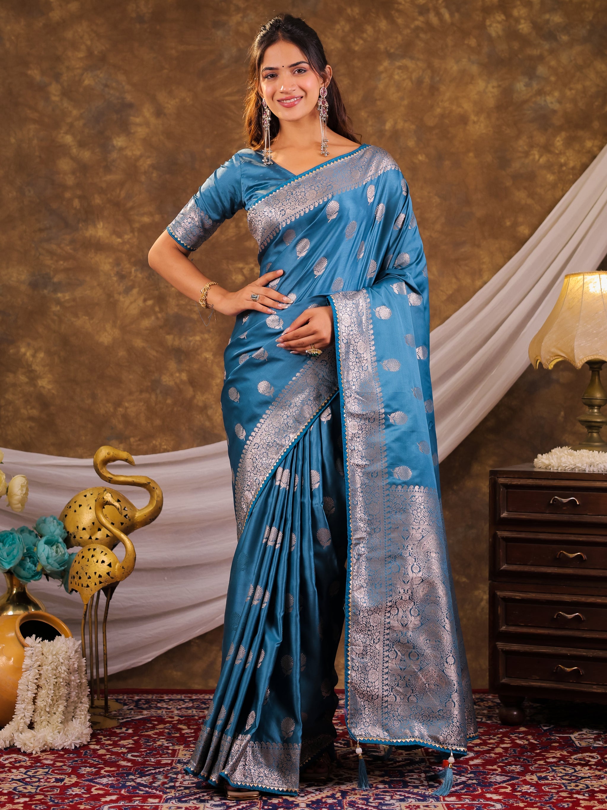 Sky Blue Kanjivaram Banarasi Satin Silk Saree with Antique Silver Zari Weaving, Rich Heritage Pallu & Tassel Detailing