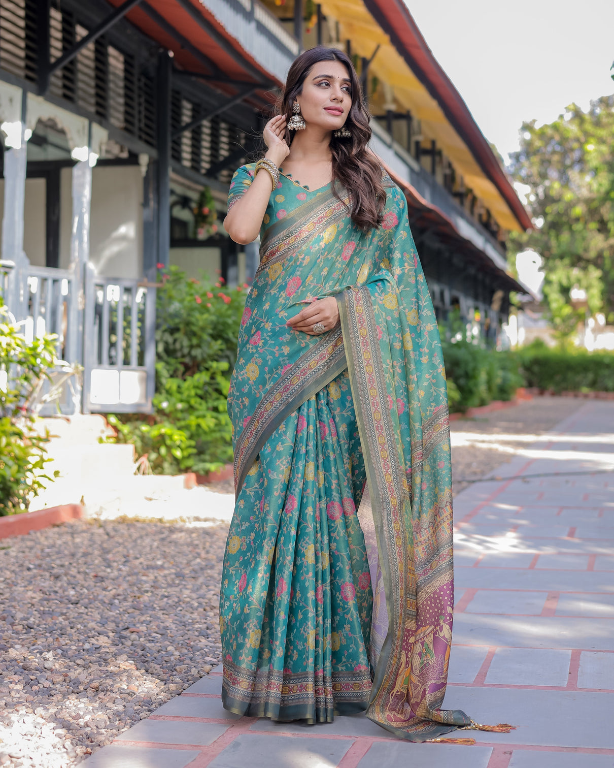 Sea green handloom cotton saree with multicolor floral royal procession pallu