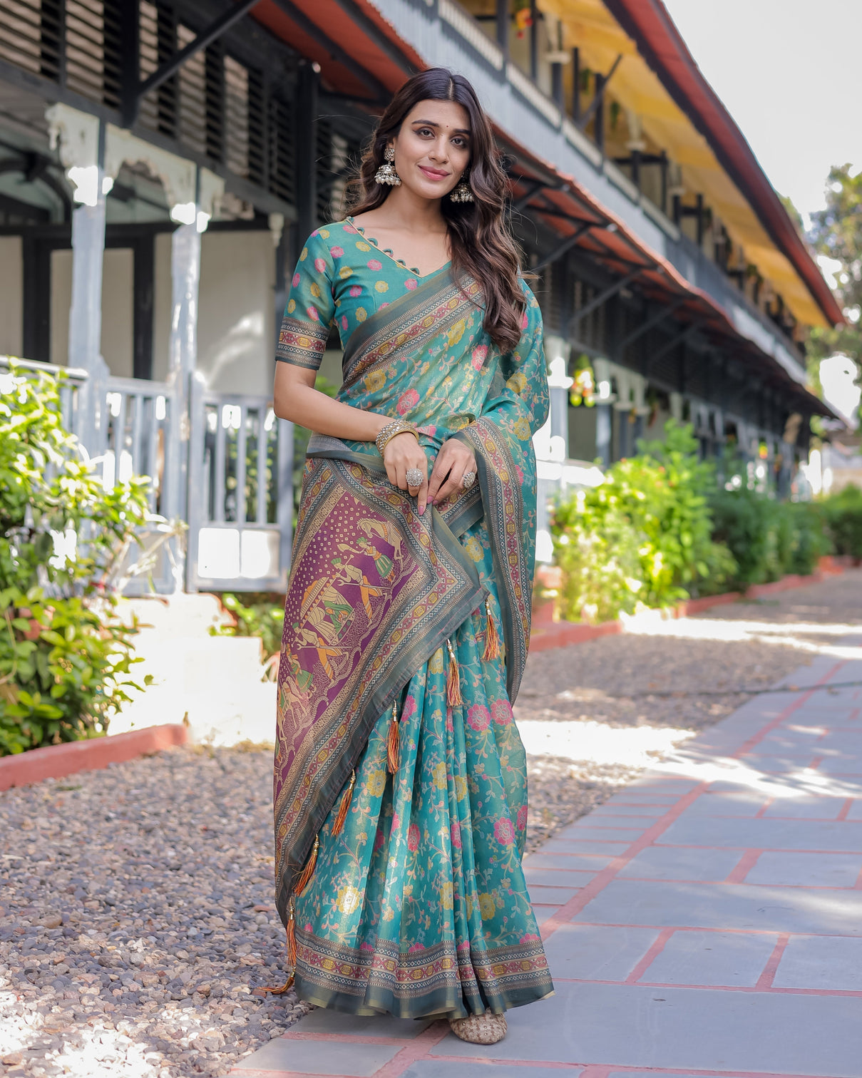 Sea green handloom cotton saree with multicolor floral royal procession pallu