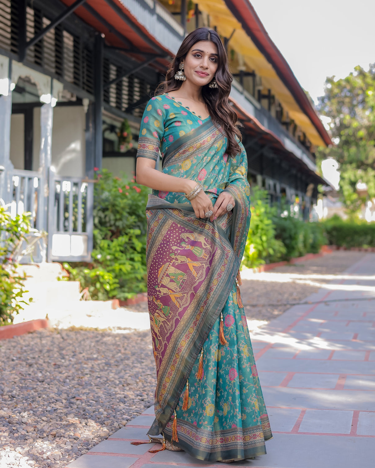 Sea green handloom cotton saree with multicolor floral royal procession pallu