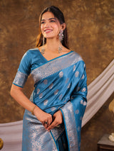 Sky Blue Kanjivaram Banarasi Satin Silk Saree with Antique Silver Zari Weaving, Rich Heritage Pallu & Tassel Detailing