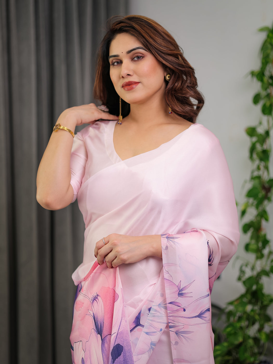 Pastel pink satin georgette floral printed saree with attached blouse soft ombre designer saree with purple bloom artwork