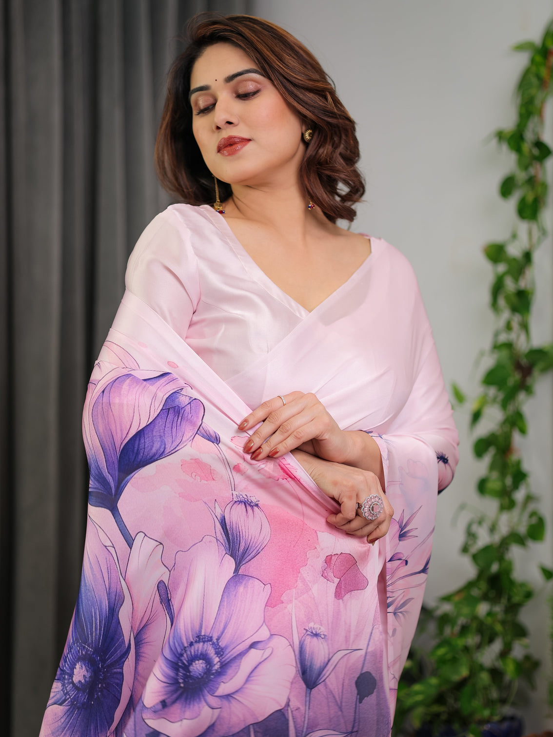 Pastel pink satin georgette floral printed saree with attached blouse soft ombre designer saree with purple bloom artwork