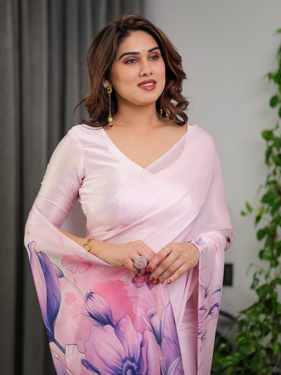 Pastel pink satin georgette floral printed saree with attached blouse soft ombre designer saree with purple bloom artwork