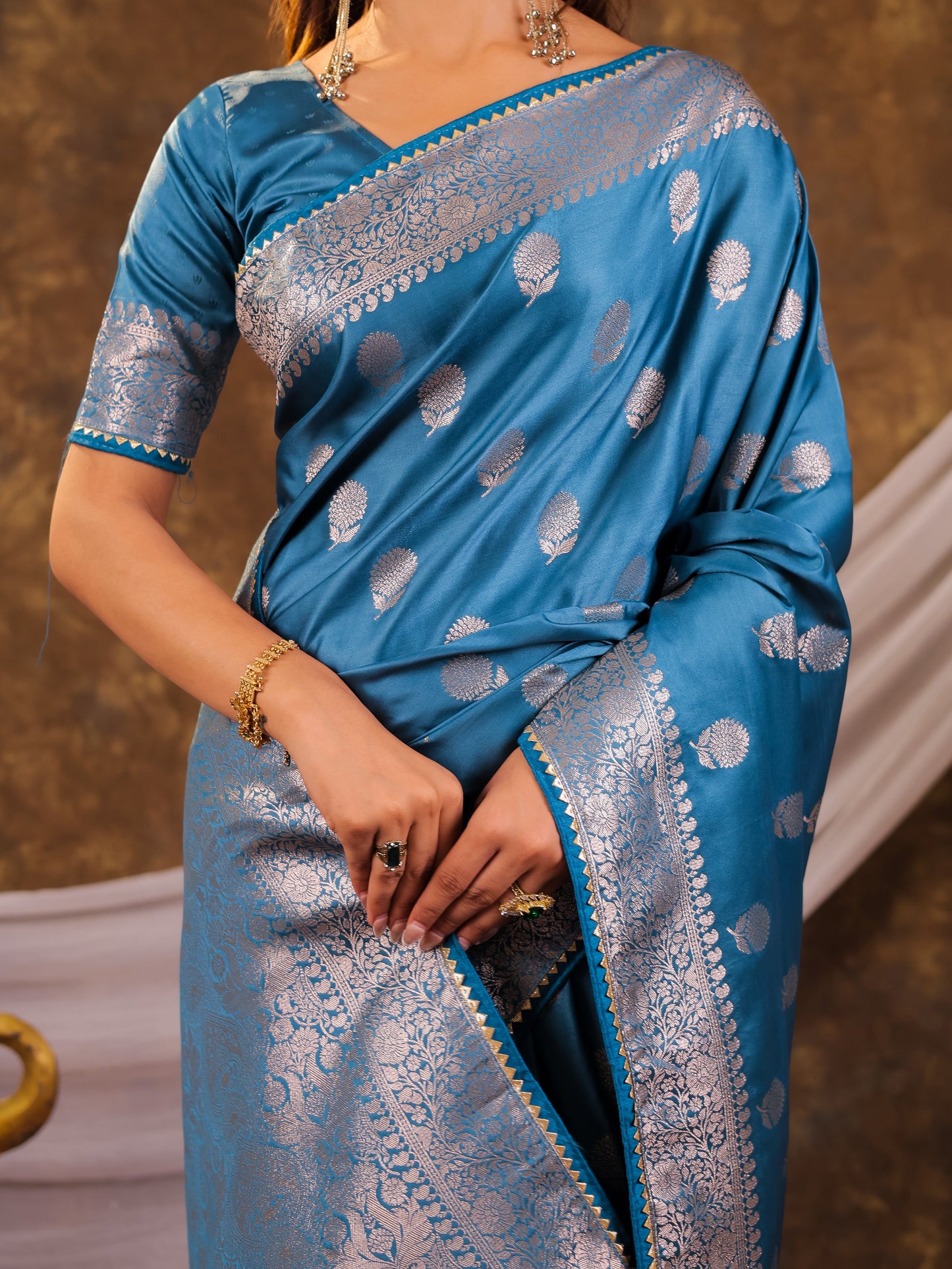 Sky Blue Kanjivaram Banarasi Satin Silk Saree with Antique Silver Zari Weaving, Rich Heritage Pallu & Tassel Detailing