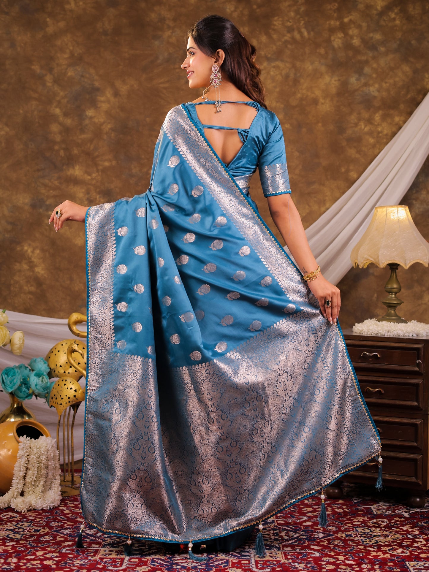 Sky Blue Kanjivaram Banarasi Satin Silk Saree with Antique Silver Zari Weaving, Rich Heritage Pallu & Tassel Detailing