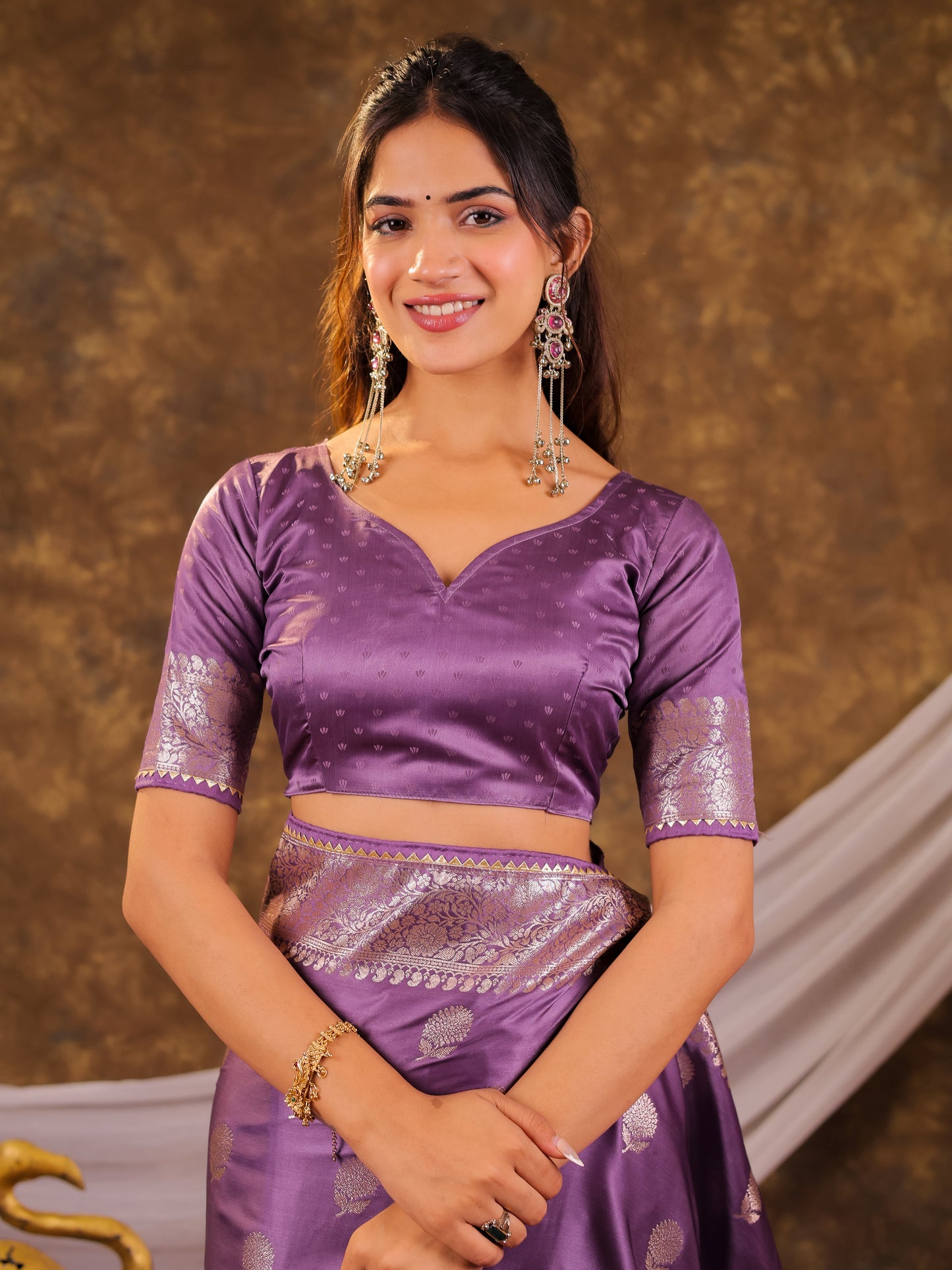 Royal Purple Kanjivaram Banarasi Satin Silk Saree with Antique Silver Zari Weaving, Rich Heritage Pallu & Tassel Detailing