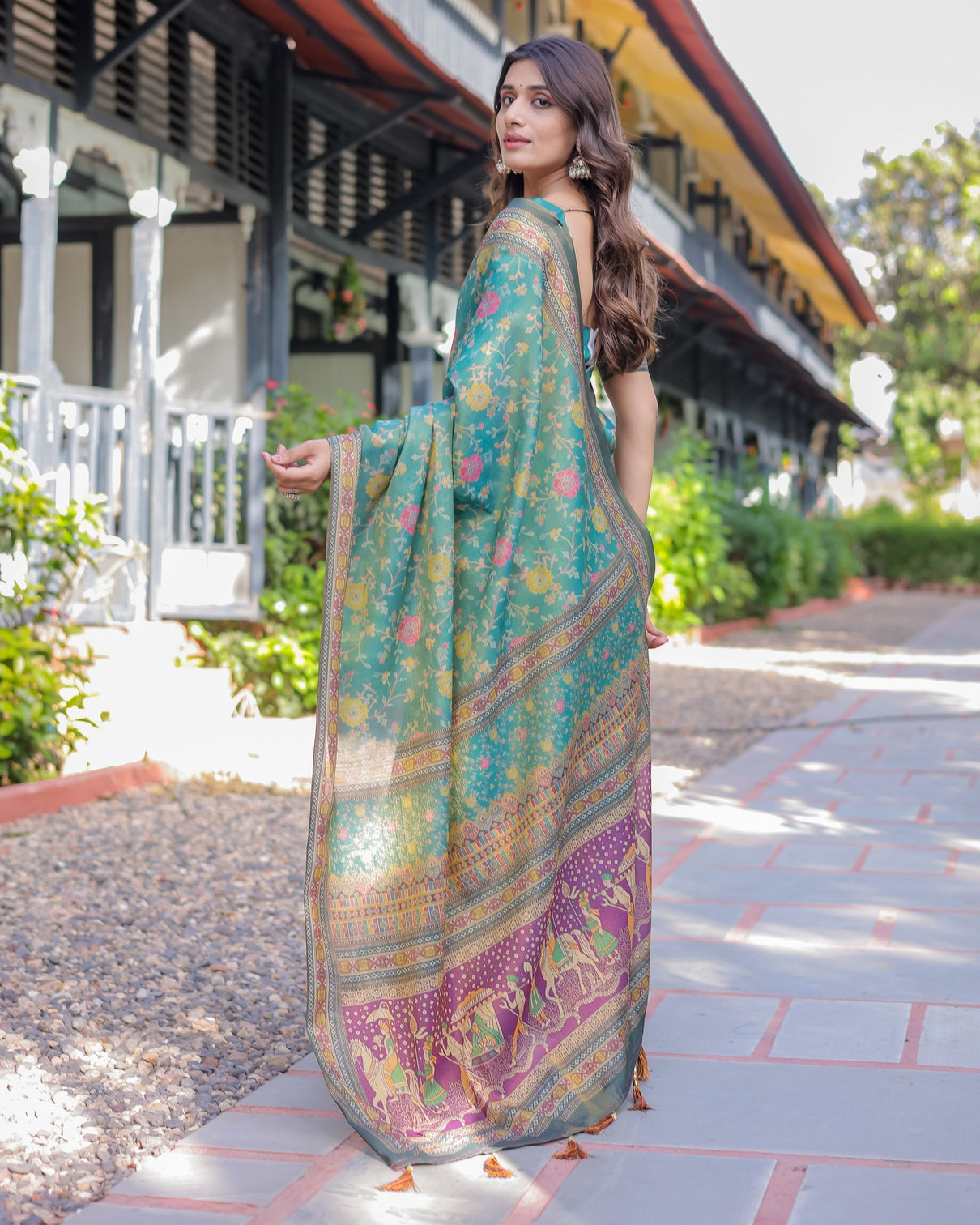 Sea green handloom cotton saree with multicolor floral royal procession pallu