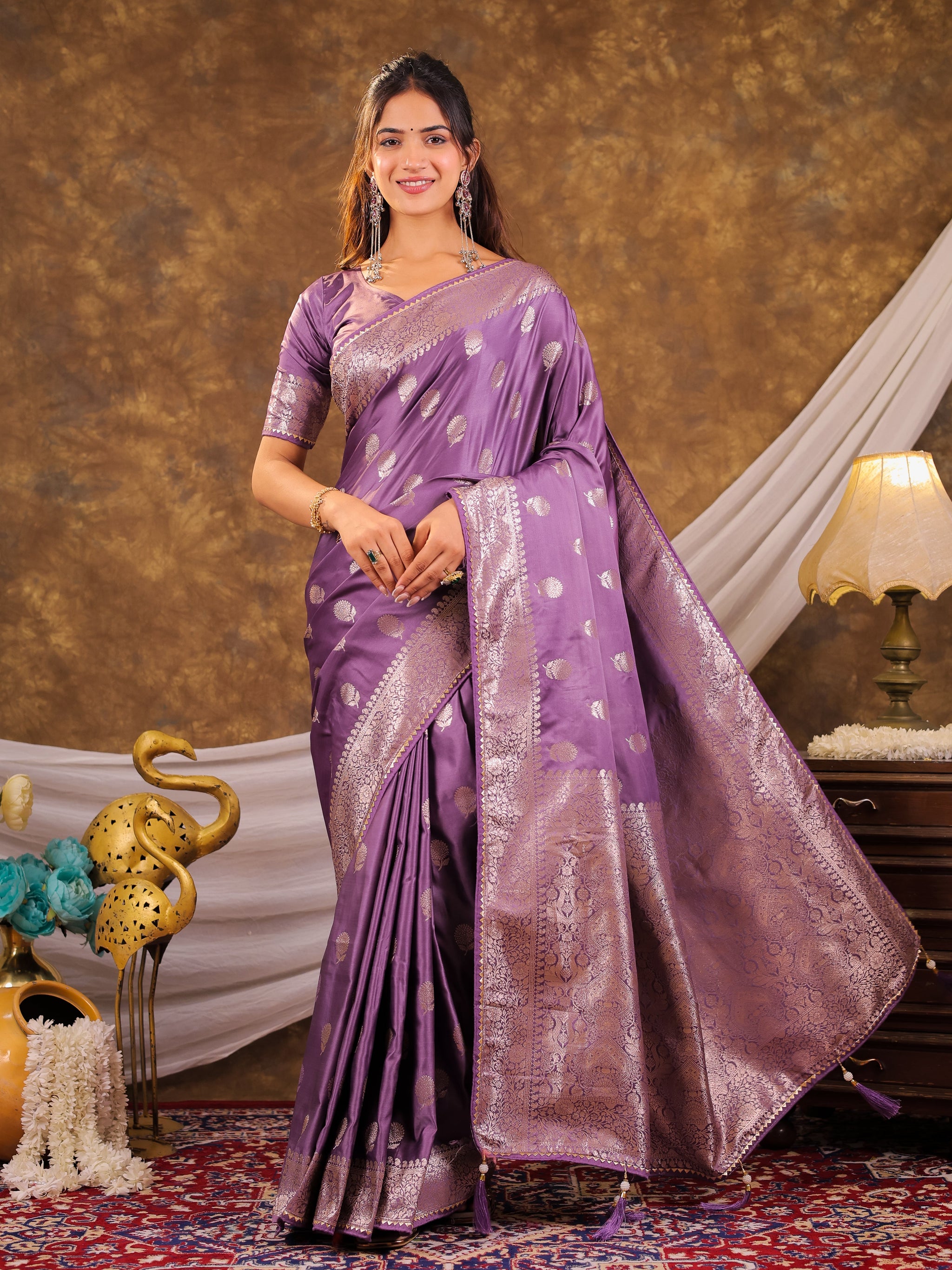 Royal Purple Kanjivaram Banarasi Satin Silk Saree with Antique Silver Zari Weaving, Rich Heritage Pallu & Tassel Detailing