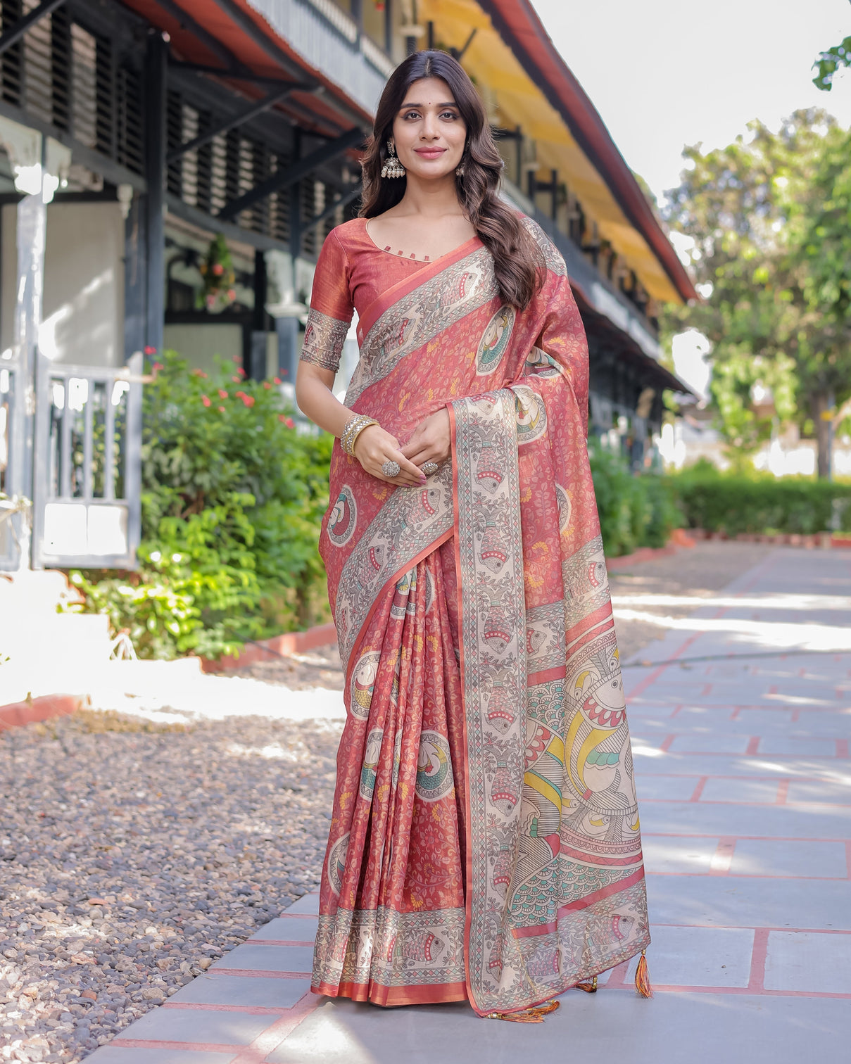 Rust red madhubani fish art pure handloom cotton saree with contrast blouse tassels mameraa