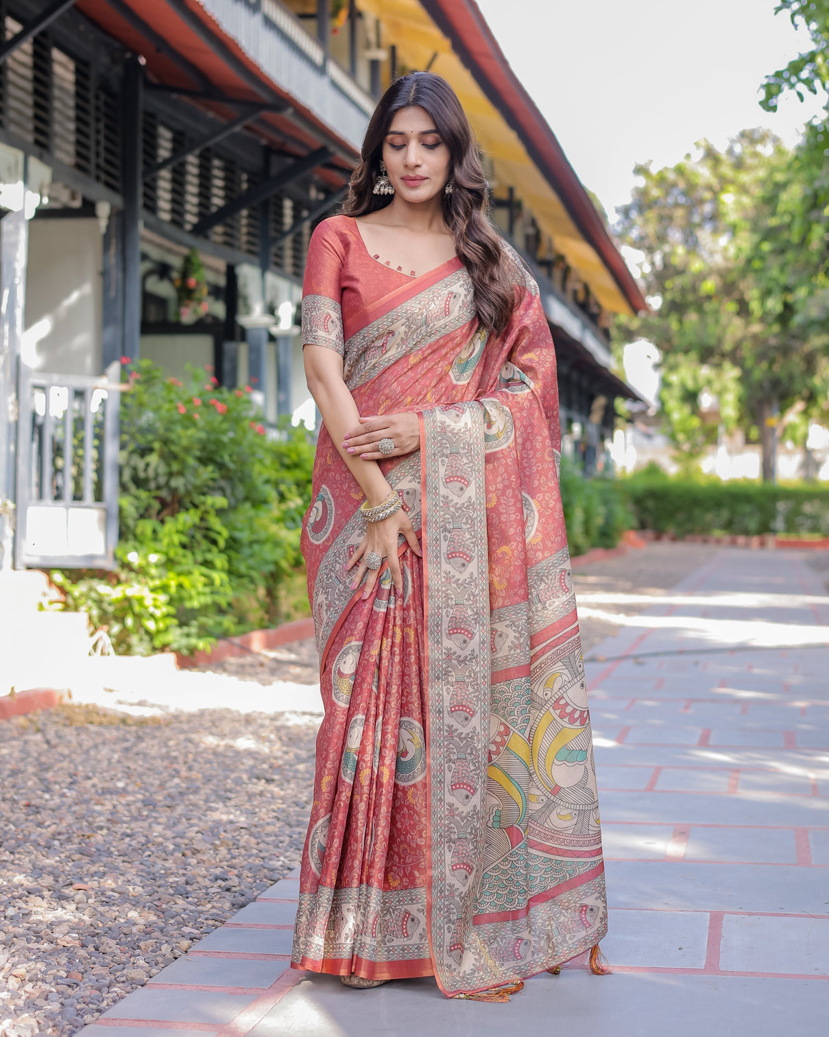 Rust red madhubani fish art pure handloom cotton saree with contrast blouse tassels