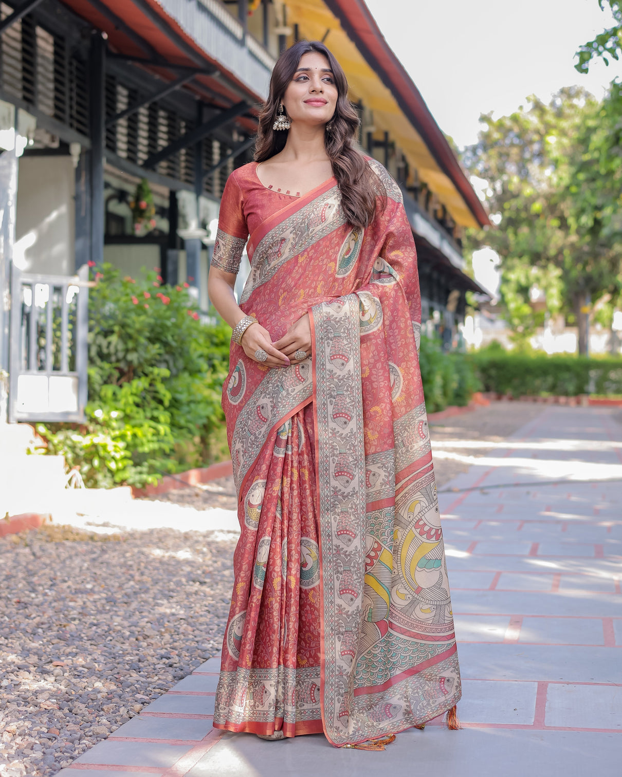 Rust red madhubani fish art pure handloom cotton saree with contrast blouse tassels