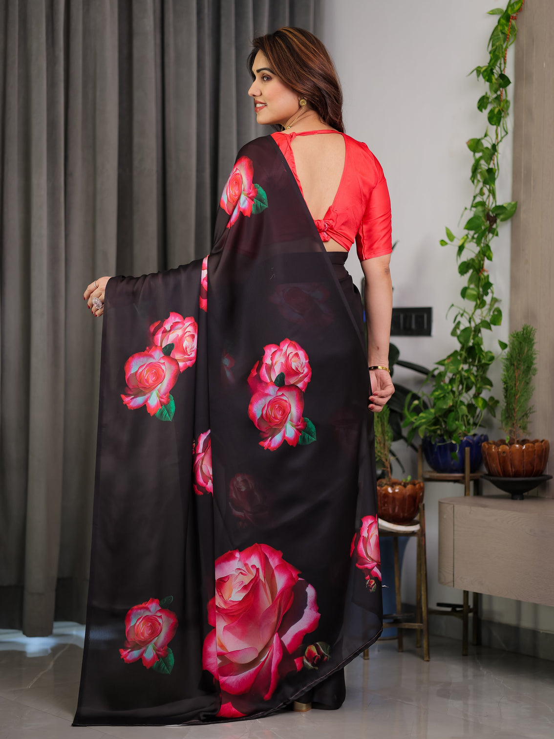 Black satin georgette rose printed saree with attached blouse elegant partywear designer saree with red floral artwork
