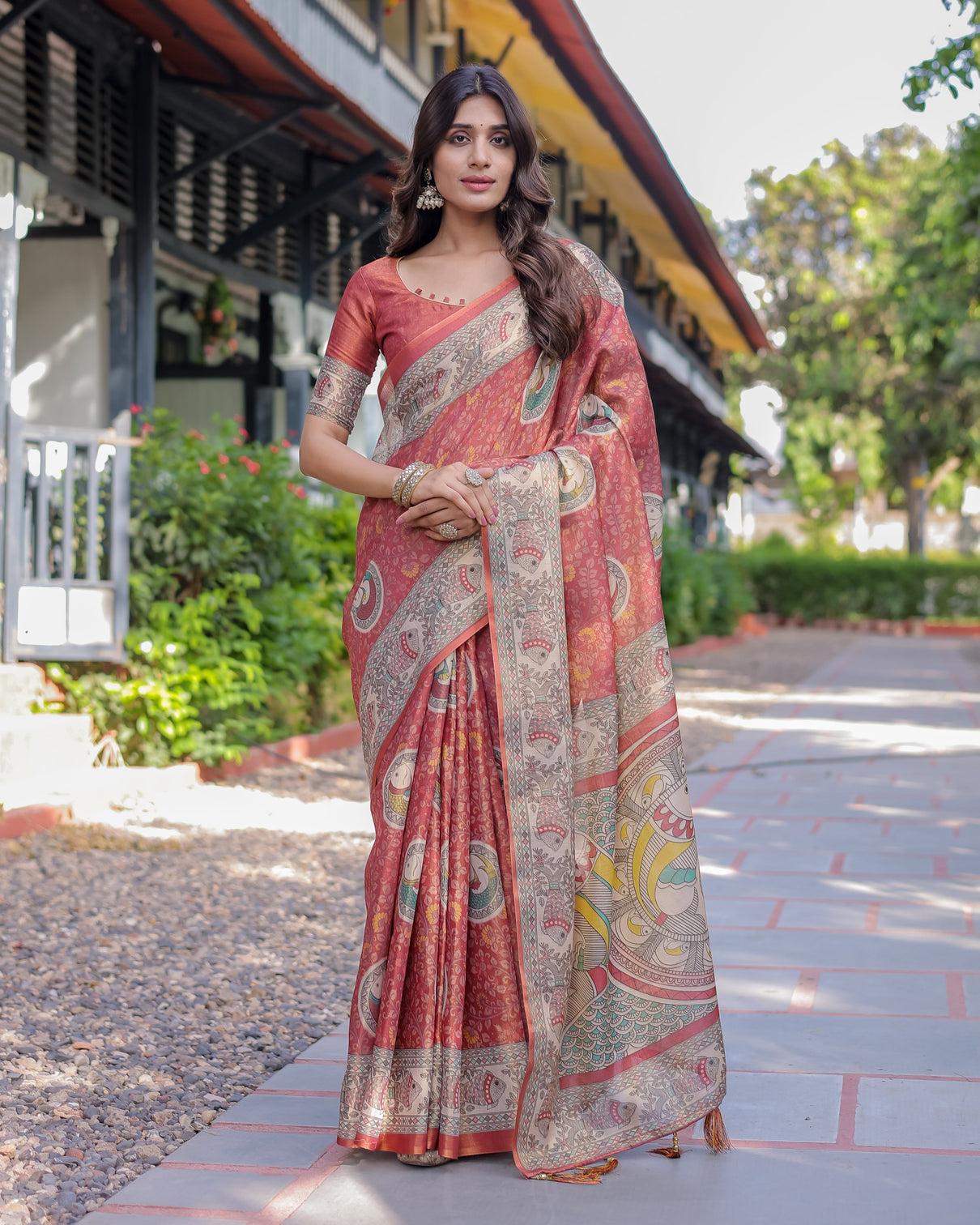 Rust red madhubani fish art pure handloom cotton saree with contrast blouse tassels