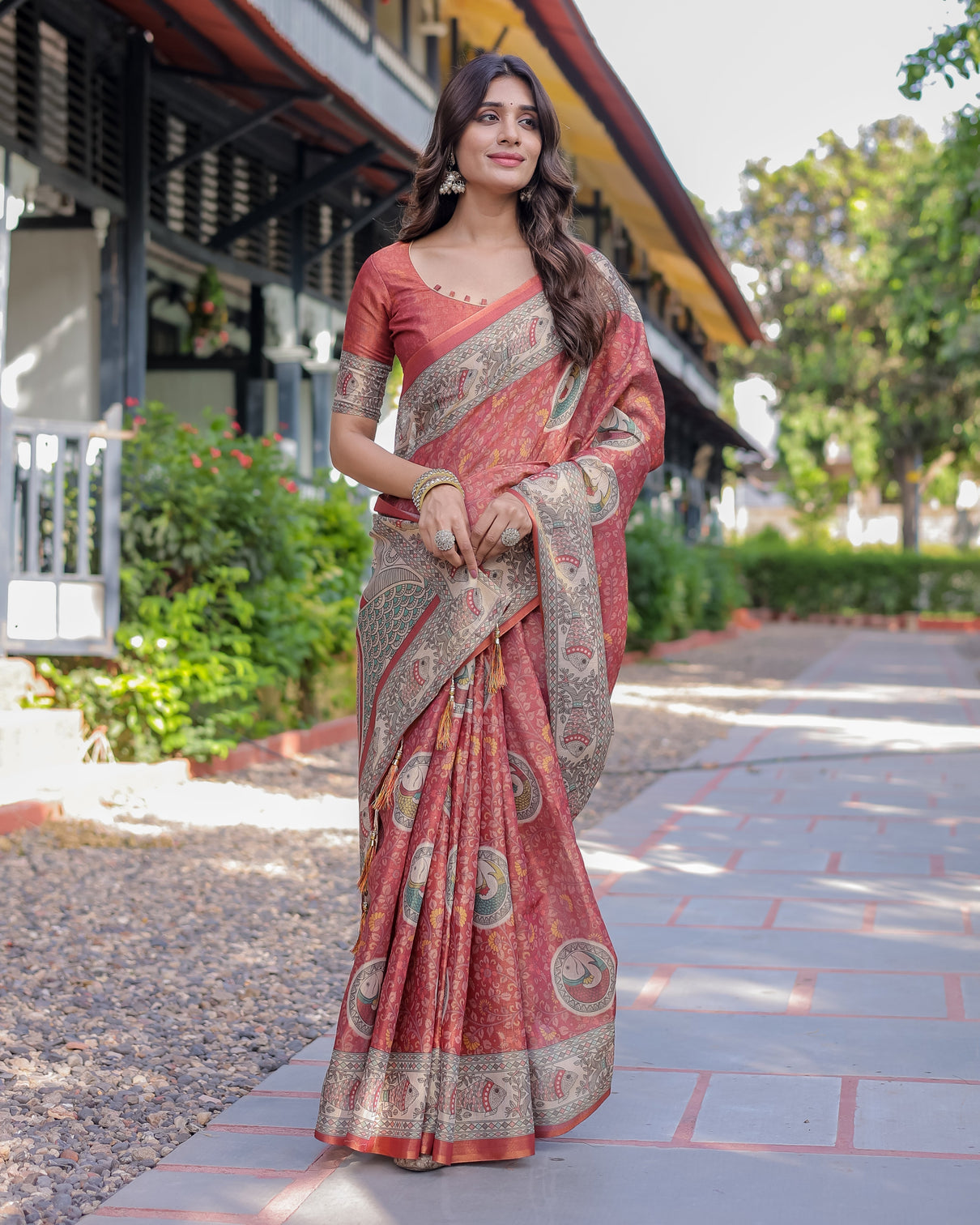 Rust red madhubani fish art pure handloom cotton saree with contrast blouse tassels