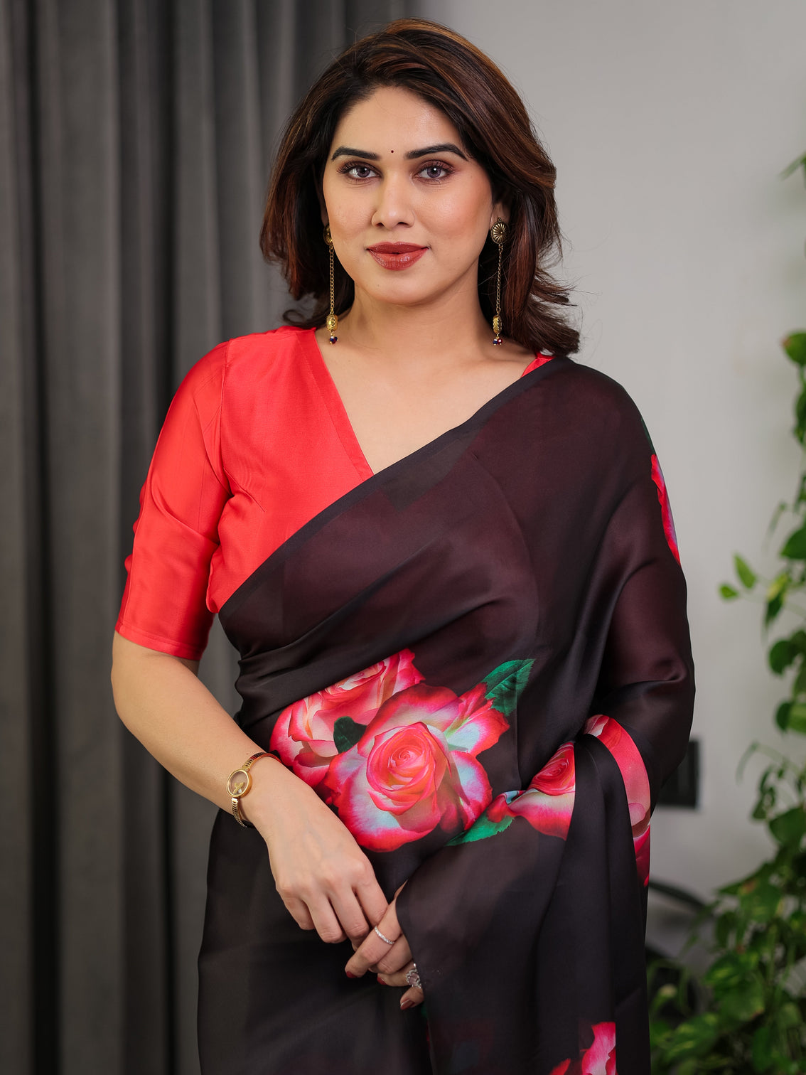 Black satin georgette rose printed saree with attached blouse elegant partywear designer saree with red floral artwork