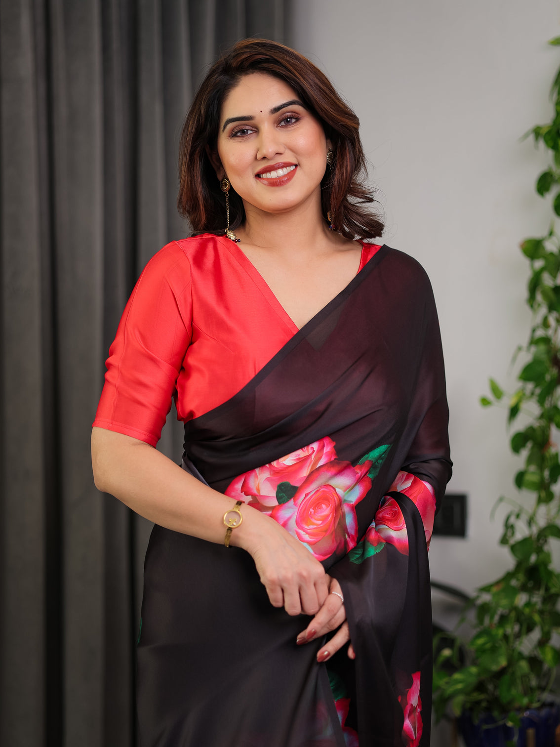 Black satin georgette rose printed saree with attached blouse elegant partywear designer saree with red floral artwork