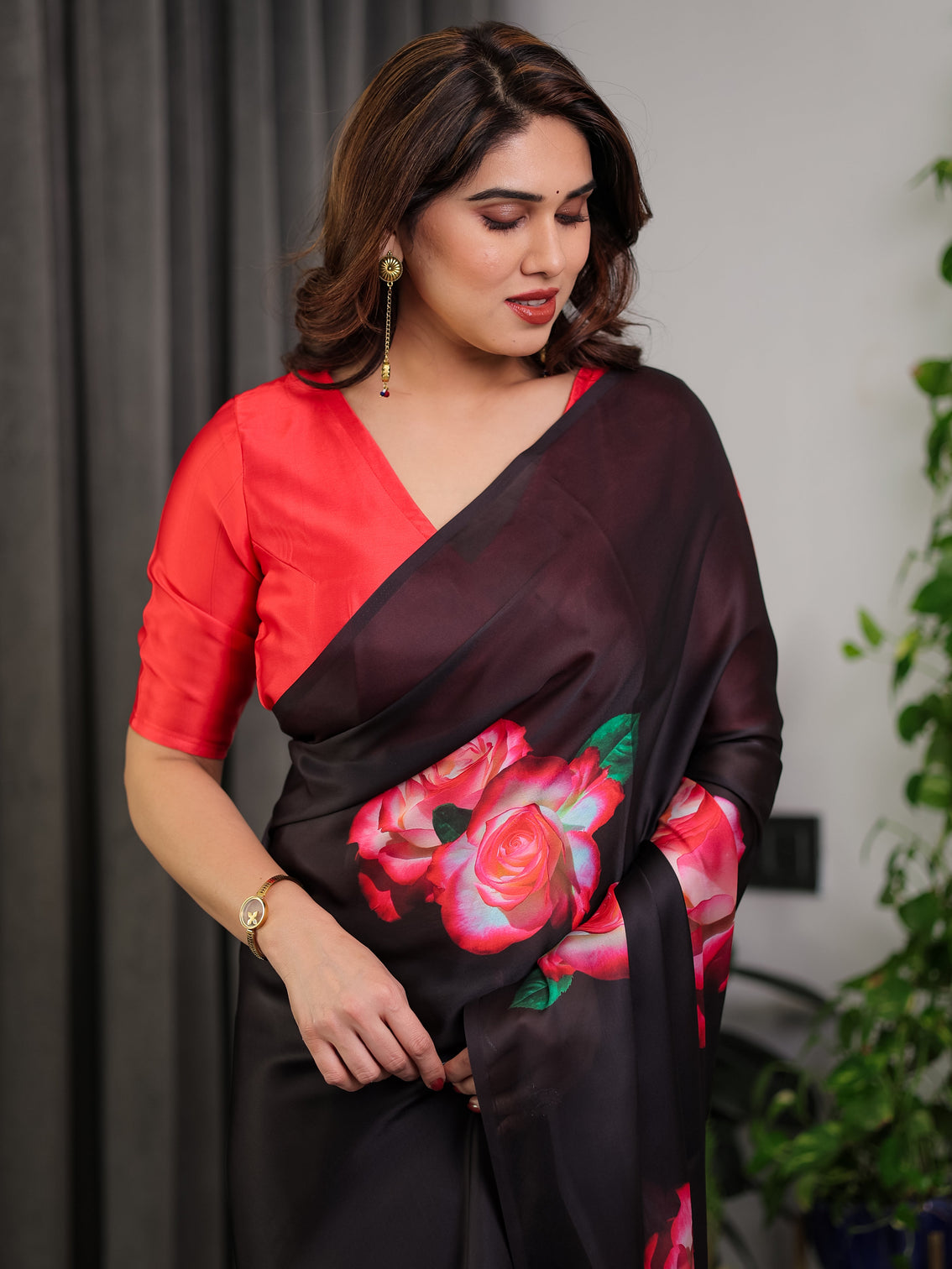 Black satin georgette rose printed saree with attached blouse elegant partywear designer saree with red floral artwork
