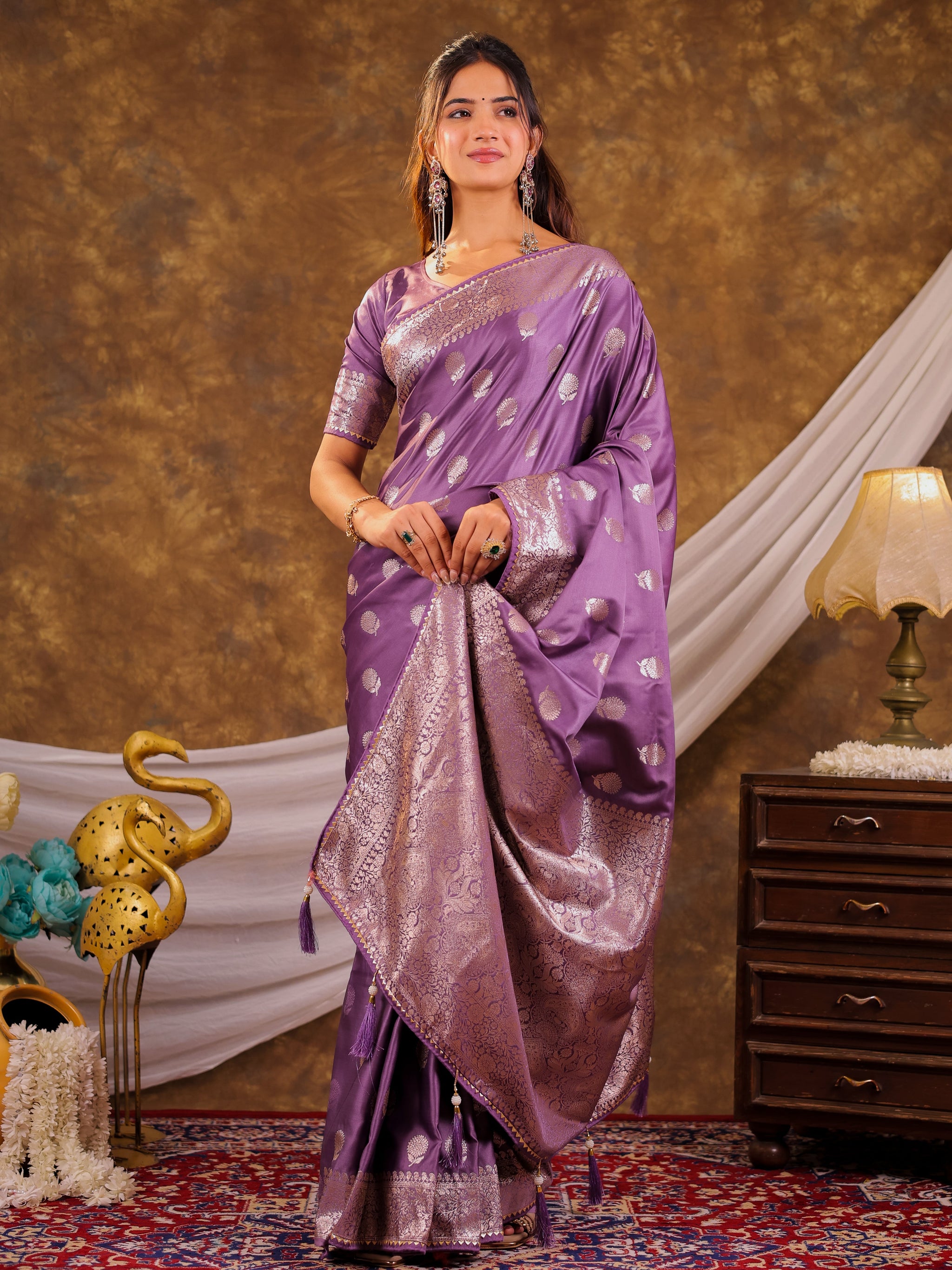 Royal Purple Kanjivaram Banarasi Satin Silk Saree with Antique Silver Zari Weaving, Rich Heritage Pallu & Tassel Detailing