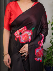 Black satin georgette rose printed saree with attached blouse elegant partywear designer saree with red floral artwork
