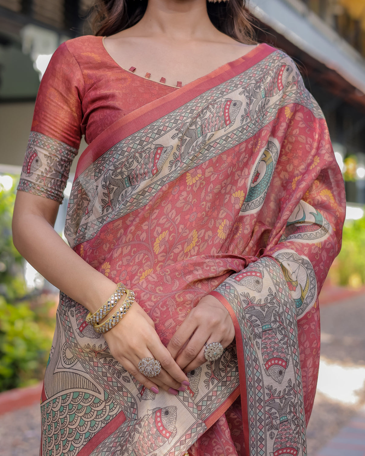 Rust red madhubani fish art pure handloom cotton saree with contrast blouse tassels