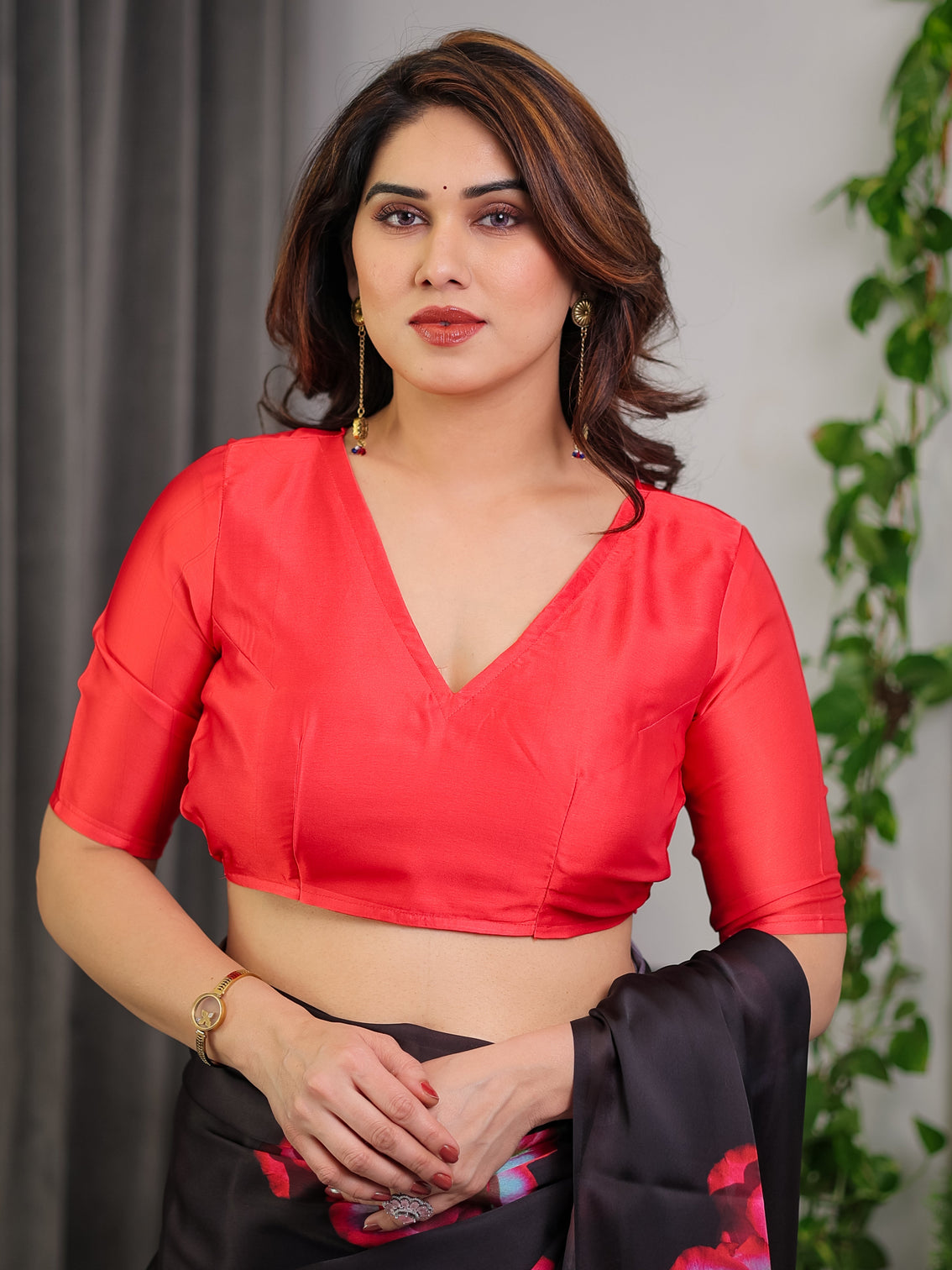 Black satin georgette rose printed saree with attached blouse elegant partywear designer saree with red floral artwork
