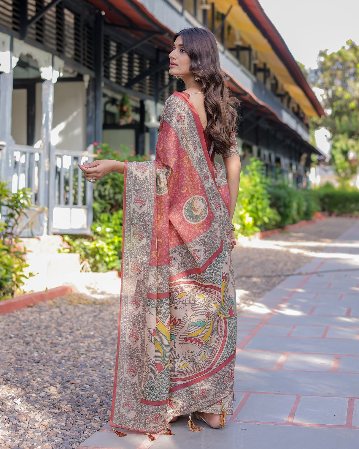 Rust red madhubani fish art pure handloom cotton saree with contrast blouse tassels