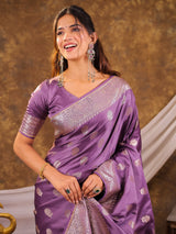 Royal Purple Kanjivaram Banarasi Satin Silk Saree with Antique Silver Zari Weaving, Rich Heritage Pallu & Tassel Detailing
