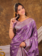 Royal Purple Kanjivaram Banarasi Satin Silk Saree with Antique Silver Zari Weaving, Rich Heritage Pallu & Tassel Detailing