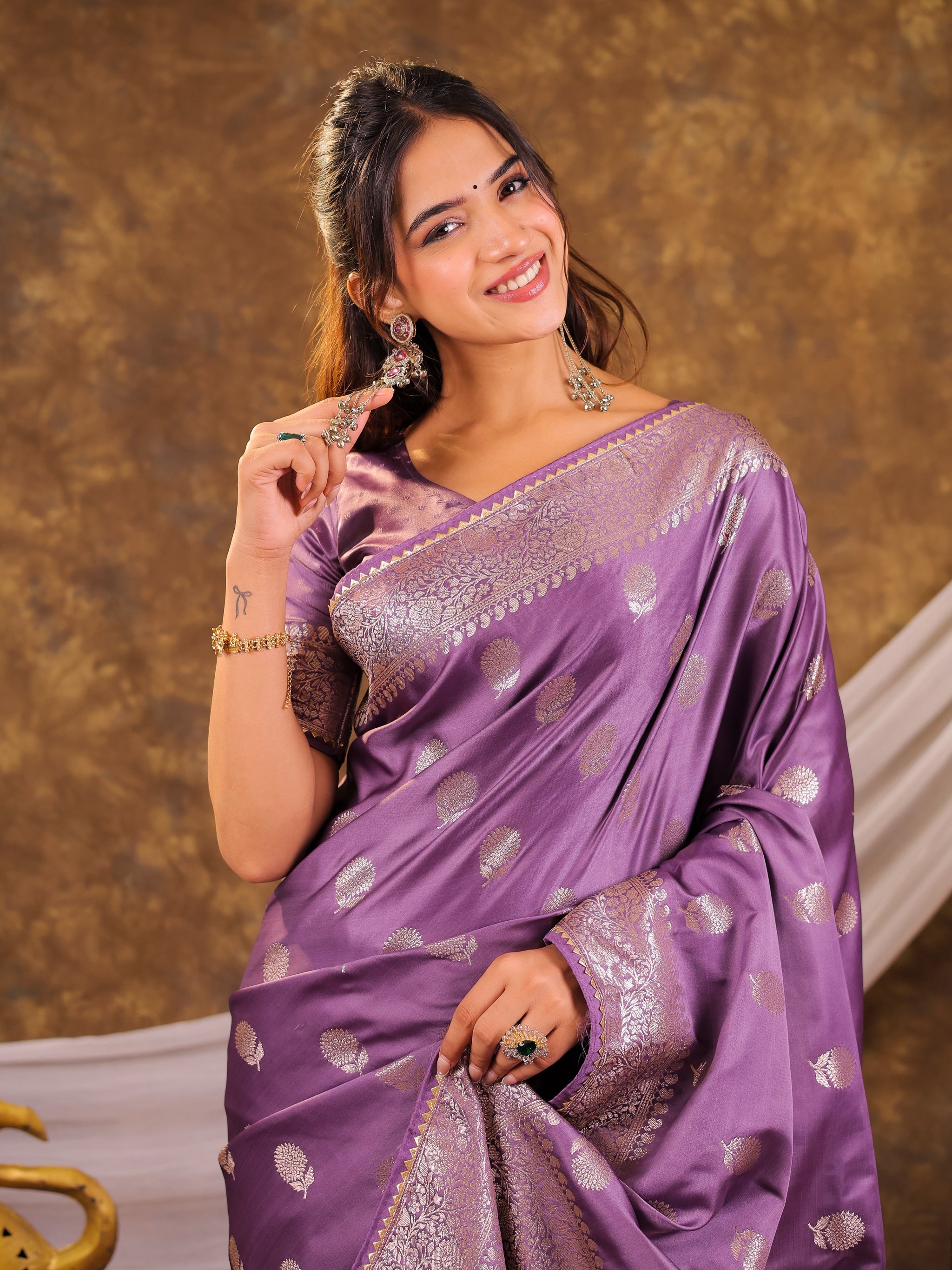 Royal Purple Kanjivaram Banarasi Satin Silk Saree with Antique Silver Zari Weaving, Rich Heritage Pallu & Tassel Detailing