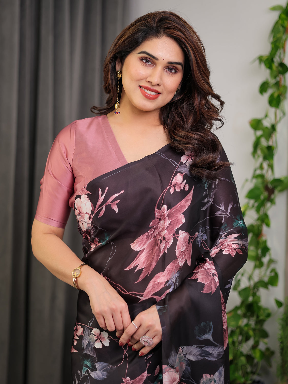 Black satin georgette floral printed saree with attached blouse elegant soft flow designer saree in mauve pink florals