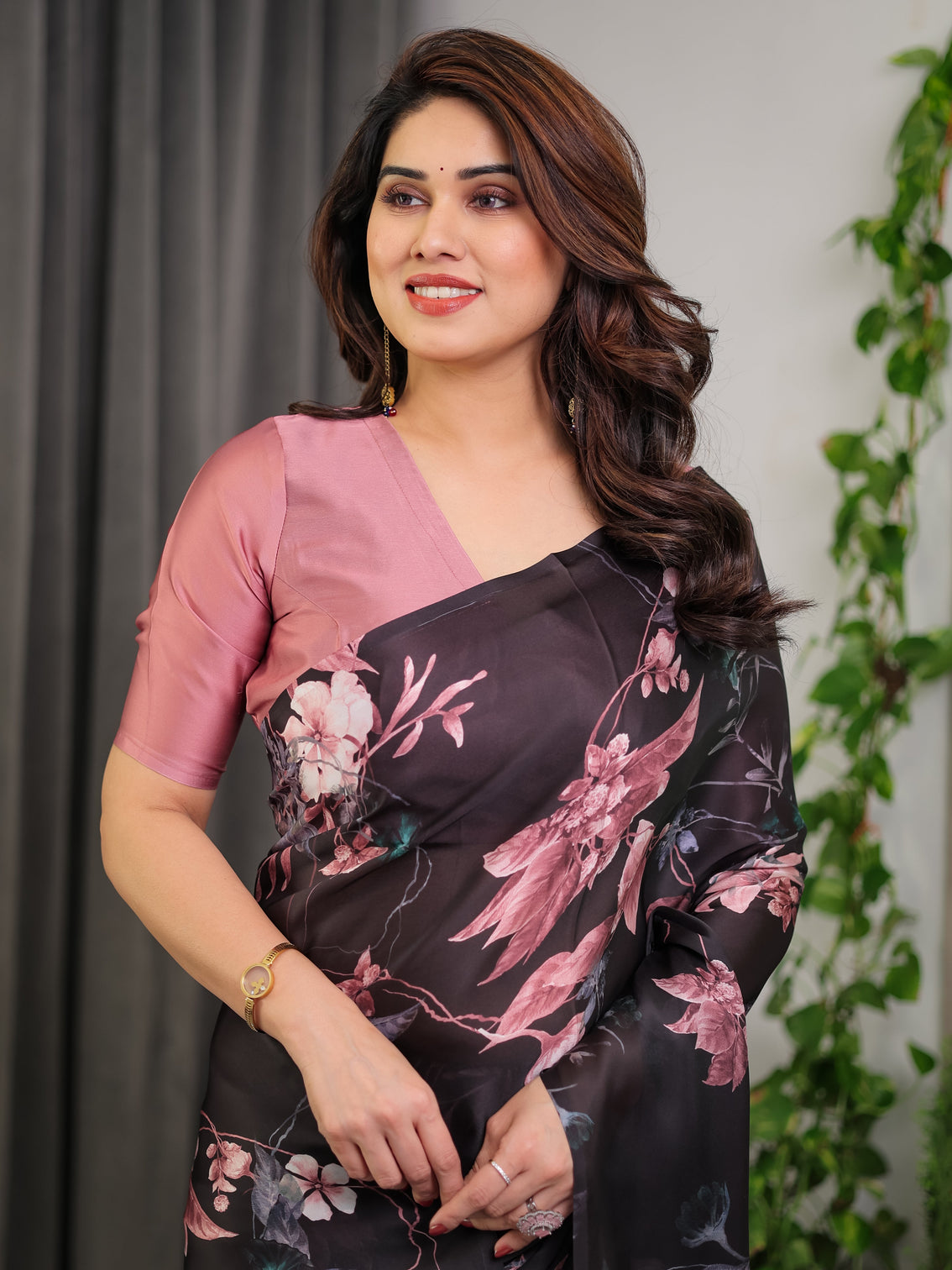 Black satin georgette floral printed saree with attached blouse elegant soft flow designer saree in mauve pink florals
