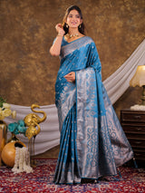 Turquoise Blue Kanjivaram Banarasi Satin Silk Saree with Antique Silver Zari Weaving, Rich Heritage Pallu & Tassel Detailing