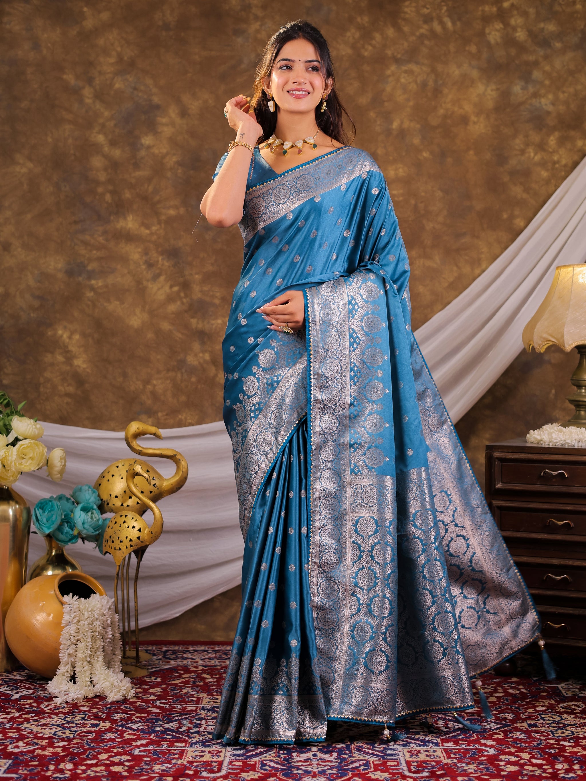 Turquoise Blue Kanjivaram Banarasi Satin Silk Saree with Antique Silver Zari Weaving, Rich Heritage Pallu & Tassel Detailing