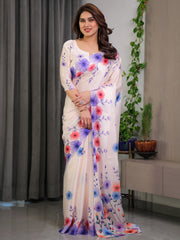 Cream satin georgette multicolor floral printed saree with attached blouse soft pastel designer saree for festive elegant wear mameraa
