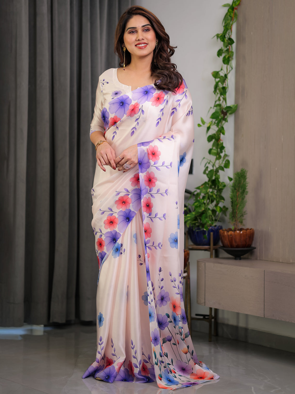 Cream satin georgette multicolor floral printed saree with attached blouse soft pastel designer saree for festive elegant wear