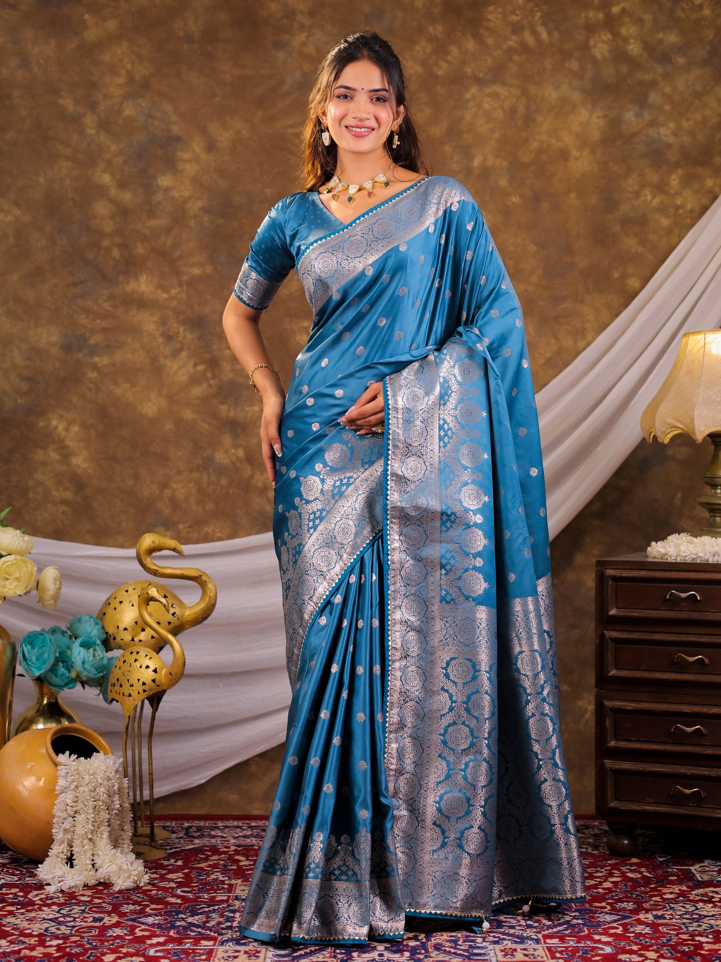 Turquoise Blue Kanjivaram Banarasi Satin Silk Saree with Antique Silver Zari Weaving, Rich Heritage Pallu & Tassel Detailing