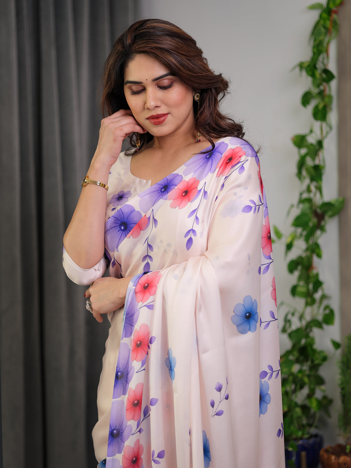 Cream satin georgette multicolor floral printed saree with attached blouse soft pastel designer saree for festive elegant wear
