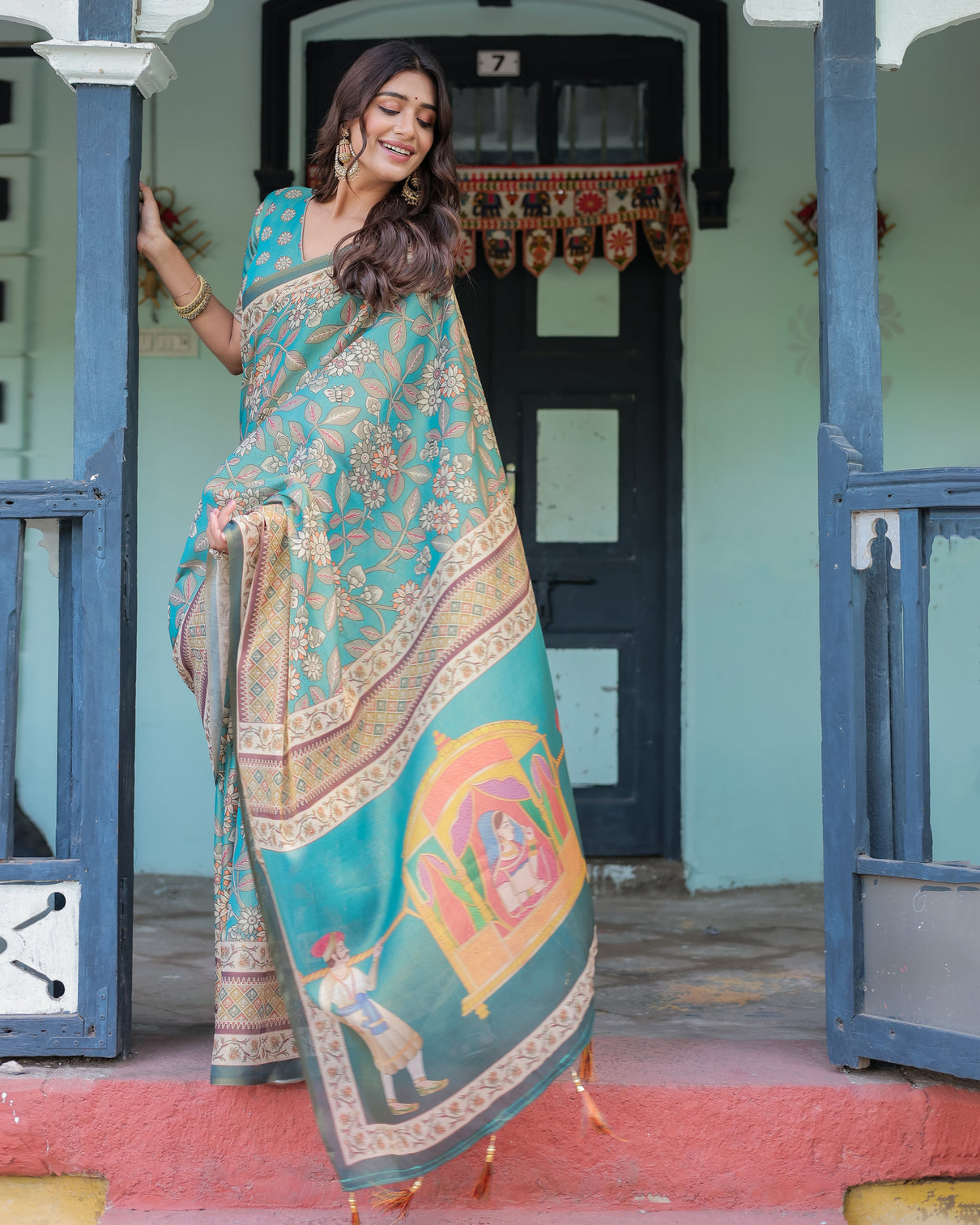 Teal green handloom cotton saree with floral print royal bridal procession pallu