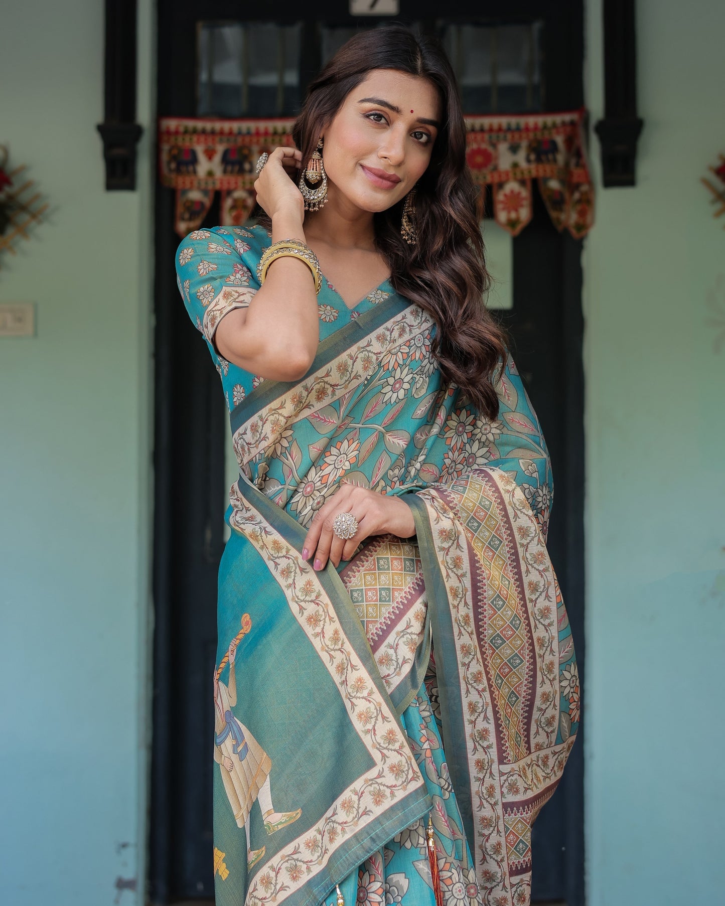 Teal Green Handloom Cotton Saree with Floral Print & Royal Bridal Procession Pallu