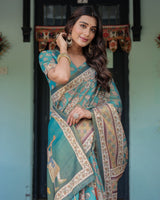 Teal Green Handloom Cotton Saree with Floral Print & Royal Bridal Procession Pallu